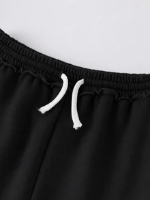 SHEIN Tween女孩寬鬆抽繩口袋寬腿運動長褲，淺灰色冬季款 - 黑色 - 查看 3