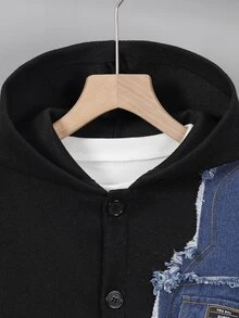 SHEIN Boys Basic Casual Corduroy Hooded Fleece Jacket - Black - View 6