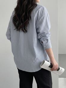 Dazy Plus Office Wear Design Lapel Long Sleeve Blue Striped Button Loose Casual Cotton Shirt - Blue - View 2