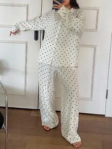 Dazy Plus Setelan Piyama Rumahan 2 Potong Celana Panjang Putih Longgar Motif Polkadot Gaya Korea - Putih - View 7