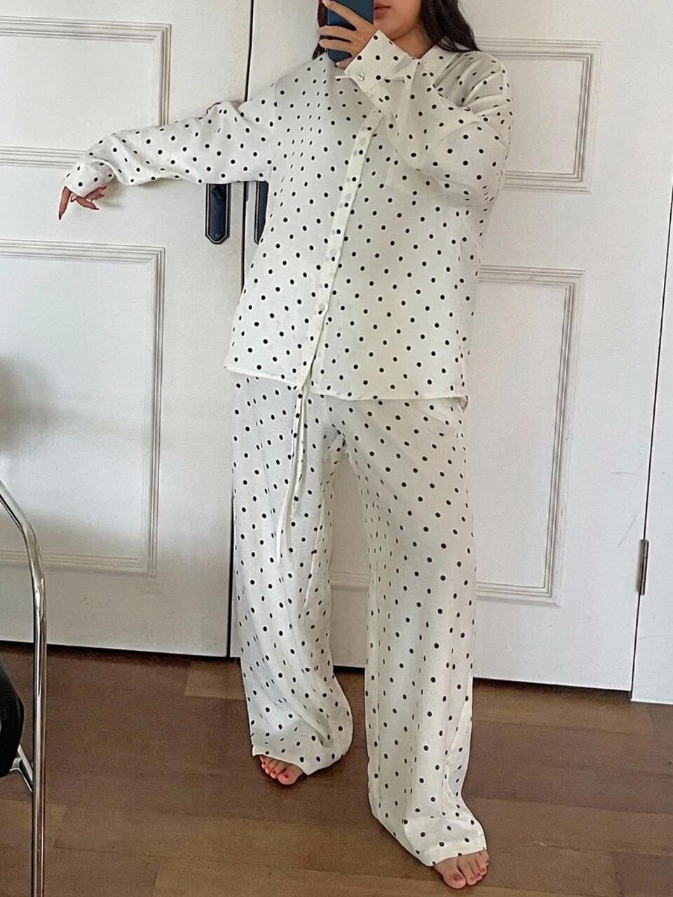 Dazy Plus Korean Style Polka Dot Loose White Long Pants 2pcs Set Home Wear Pajama Outfit
