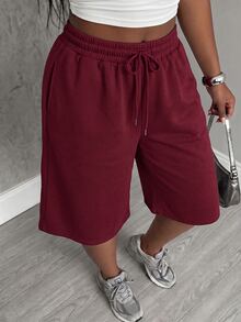 Slaydiva 大尺碼女款寬鬆運動短褲，彈性腰抽繩寬腿七分褲，休閒居家穿搭 - 酒紅色 - 查看 4