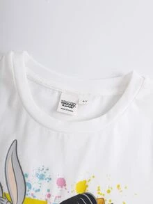 LOONEY TUNES X SHEIN Young Girl Cartoon Print Round Neck Short Sleeve T-Shirt - White - View 4