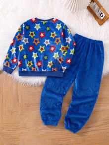 SHEIN 兒童青少年男孩星星印花法蘭絨套頭上衣與秋季長褲睡衣套裝 - 青檸色 - 查看 2