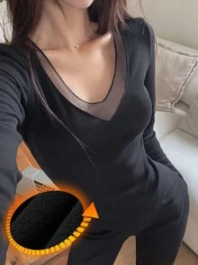 DAZY Women's Mesh Patchwork Long Sleeve Top & Pants Casual Daily Home Sleepwear Set - Black - View 6
