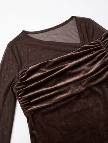 Franclia Plus Size Autumn/Winter New French Minimalist Sexy Vintage Mesh Velvet Ruched Faux Off-Shoulder Long Sleeve T-Shirt - Brown - View 5