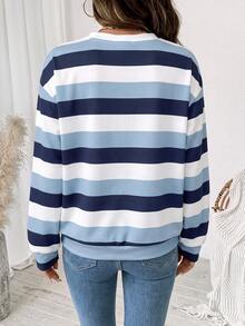 SHEIN LUNE 女款衛衣，秋季服飾，休閒極簡復古優雅通勤百搭保暖印花圖案藍白條紋，秋季穿搭，女款通勤穿搭，百搭上衣，外出穿搭，機場穿搭 - 白色 - 查看 2