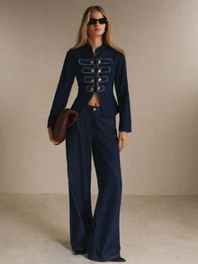 Poéselle Women's Fitted Double Breasted Denim Jacket With Gold Buttons And Contrast Piping, Elegant Tailored - Dark Wash - View 6
