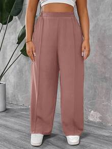 SHEIN PETITE CURVE 小碼大尺碼女款純色百褶長褲 - 藕粉色 - 查看 3