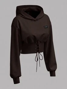 SHEIN EZwear 棕色針織女款連帽衫，秋冬長袖上衣 - 棕色 - 查看 4