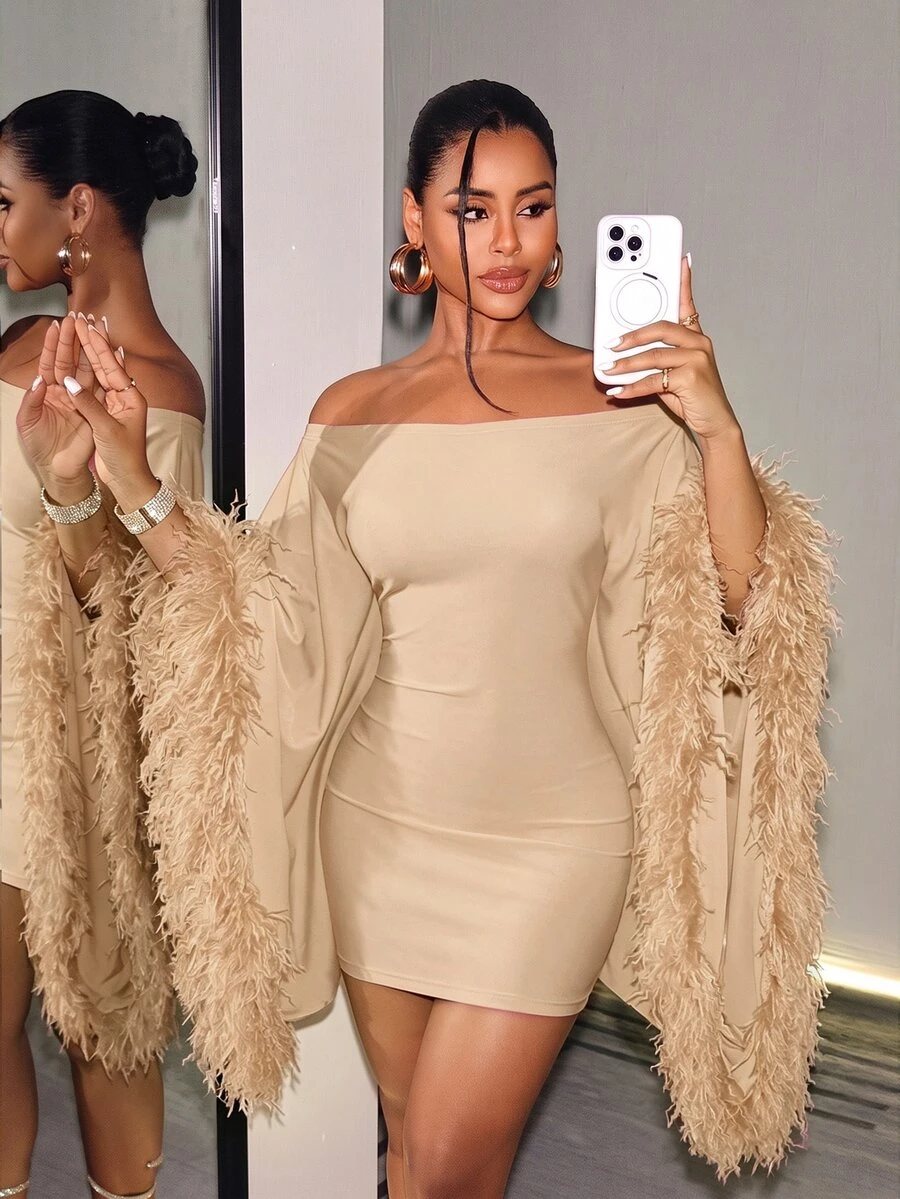 BamGleam Women's Solid Color Cold Shoulder Batwing Sleeve Faux Fur Patchwork Party Fashion Dress - Apricot - View 1