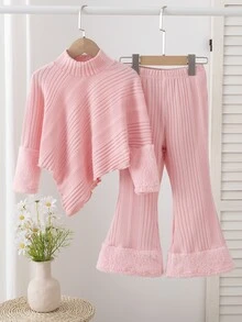 SHEIN Elladie kids 女童高領毛絨兩件套，粉色上衣搭配不對稱下擺與人造毛袖口，配對羅紋喇叭褲，適合秋季7歲生日 - 粉色 - 查看 7