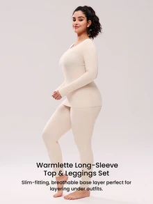 LUVLETTE Plus Women's Thermal Underwear Ultra-Soft Base Layer Cold Weather Warm Winter PJ Set Round Neck Top And Long Bottoms - Beige Lightweight And Warm Set  - Apricot - View 3