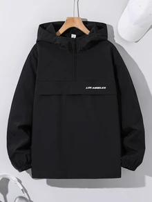 SHEIN 青少年男孩休閒黑色連帽開襟外套，小字母印花設計，適合秋冬返校季穿著 - 黑色 - 查看 3