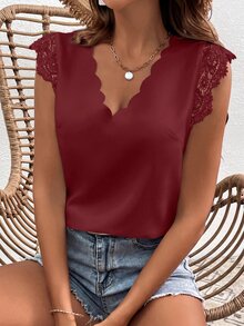 SHEIN VCAY 女款V領貝殼飾邊蕾絲飾邊純色上衣，酒紅色，適合上班日常，夏季浪漫優雅風 - 酒紅色 - 查看 3