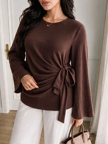 Solavon Plus Size Women Solid Color Casual Daily Long Sleeve T-Shirt - Brown - View 1