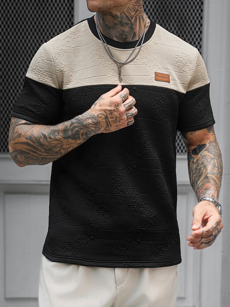 EGENSIO Premium Colorblock Jacquard Top, Contrast Shoulder Design Versatile Men's Short Sleeve Shirt - Black - View 5