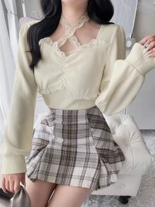 FRIFUL Women's Sweet Versatile Lace Patchwork Pleated T-Shirt - Beige - View 2