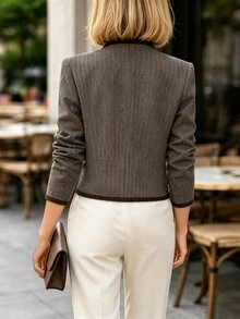 LUMIGAL Mantel Kancing dengan Trim Kontras Kasual untuk Komuter Wanita, Musim Gugur/Dingin - Coffee Brown - View 2