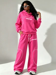 SHEIN Core Rhythm Women's Letter Pattern Hooded Long Sleeve Sweatshirt & Sweatpants Casual Daily Sports Set - Rose Red - View 4