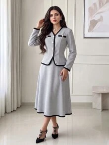 Feyla Women's Korean Style Button Long Sleeve Jacket & Striped Colorblock Midi Skirt 2pcs Set - Grey - View 6