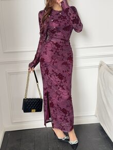 Feyla Gaun Wanita Elegan High-End Desain Baru Cheongsam Modifikasi Motif Cetak Flocked Vintage - Burgundy - View 5