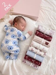 2pcs Set Newborn Long Sleeve Footed Rompers Cute Cartoon Animal Ribbed Print Baby Bodysuits Soft Ribbed Fabric Skin-Friendly Cozy All Season Crawl Suits - Multicolor - View 7