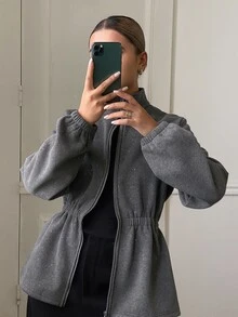 Livesso 灰色亮片裝飾立領拉鍊收腰百褶下擺長袖時尚優雅運動衫外套 - 灰色 - 查看 3