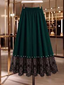 GlowEve CURVE Plus Size Black Pearl & Contrast Lace A-Line Skirt - Green - View 2