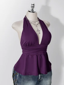 SHEIN ICON 大尺碼掛脖深V領收腰A字露背波點背心上衣，復古Y2K掛脖波點背心上衣，娃娃裝波點掛脖露背上衣 - 紫色 - 查看 10