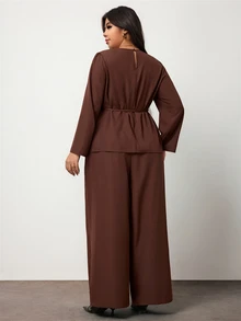 Enliva Plus Size Women's Two Pieces Pants Set Long Sleeve Belted Top Wide Leg Pants Elegant Outfit Flattering Compatible With Apple Shape Fall - Brown - View 2