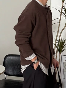 DAZY Spring/Autumn Collarless Knit Lightweight Commuter Long Sleeve Short Length Korean Style Casual Men's Shirt - Brown - View 2