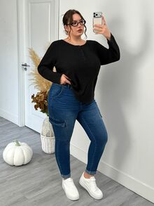 SHEIN CURVE+ Women's Plus Size Blue Washed Stretch Drawstring Waist Denim Jeans, Casual Outwear With Multiple Pockets, Suitable For 5XL-8XL, Autumn/Winter - Blue - View 7