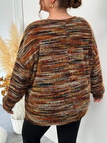 SHEIN CURVE+ 女款大尺碼長袖休閒運動上衣 - 棕色 - 查看 2
