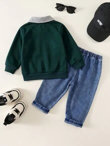 男嬰幼兒 2件組秋冬加厚抓絨時尚可愛泰迪熊圖案衛衣與牛仔褲套裝，可拆卸領口。嬰兒冬季服飾，牛仔布，牛仔褲，運動套裝 - 綠色 - 查看 2