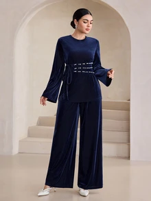 Graceveil Navy Blue Ribbed Velvet Crew Neck Long Sleeve Top & Pearl Waistband Wide Leg Pants Two Pieces Set - Royal Blue - View 5