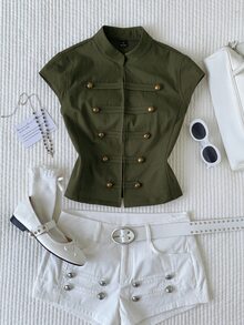 Comfortcana 女款綠色旗袍領短袖露腰修身時尚夾克 - 軍綠色 - 查看 8