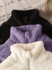 SHEIN 兒童 3 件組女童純色立領半拉鍊抓絨短版連帽衫套裝，雙面抓絨秋冬款 - 彩色 - 查看 3