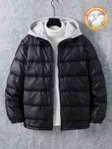 SHEIN Teen Boy Teen Boy Casual Two Pieces Thick Hooded Down Jacket Suitable For Autumn And Winter - Black - View 3