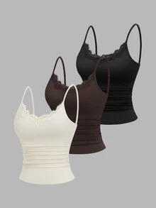 Sweetra Women's Solid Color Lace Trim Neckline Casual Everyday Versatile Camisole Top - Multicolor - View 3