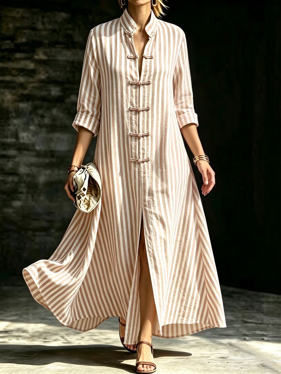 SHEIN فستان طويل كاجوال منسوج مخطط للنساء لفصل الخريف - لون مشمشي - مشاهدة 1