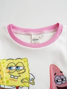 SpongeBob SquarePants | SHEIN 女童卡通印花長袖上衣與長褲休閒居家睡衣套裝 - 粉色 - 查看 3