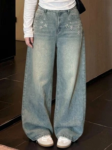 Dazy Plus Rhinestone Studded Korean Style Loose Fit Distressed Casual Denim Jeans All Season - Medium Wash - View 2