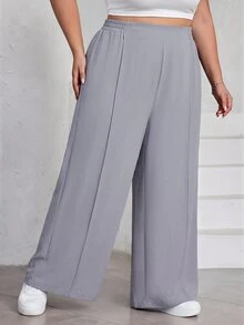 SHEIN CURVE+ 大尺碼女款純色百褶褲，黑色寬鬆寬腿褲，Curve Plus，Hoho Vacation - 灰色 - 查看 3
