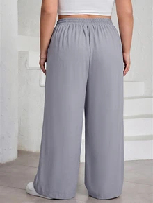 SHEIN CURVE+ 大尺碼女款純色百褶褲，黑色寬鬆寬腿褲，Curve Plus，Hoho Vacation - 灰色 - 查看 2