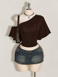 SHEIN ICON 女款素色不對稱肩休閒日常穿搭上衣 - 咖啡棕 - 查看 12