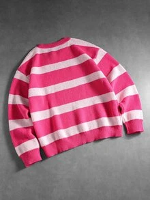 ROMWE MEN Men's Round Neck Striped Contrast Color Embroidered Fashion Sweater - Hot Pink - View 3