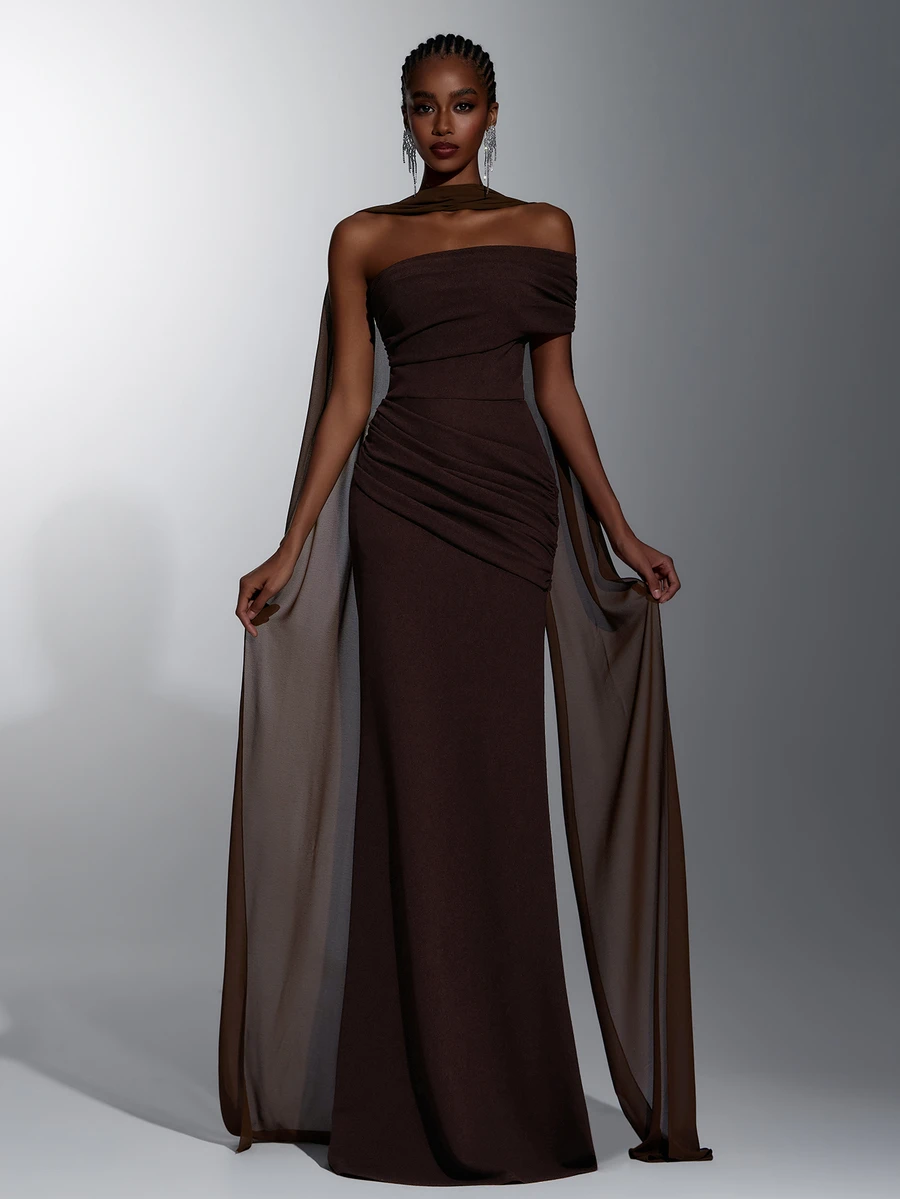 Elitara Women's Romantic Elegant Deep Coffee One Shoulder Asymmetrical Pleated Decor Fitted Bodycon Mermaid Hemline With Train Evening Gown (Free Halter Neck Shawl Scarf) Heavy Work Design Suitable For Wedding Party Celebration Formal Events - Coffee Brown - View 1