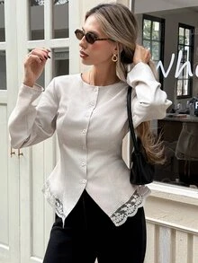 Serisse Women's Round Neck Long Sleeve Lace Patchwork Hem Back Tie Waist Versatile Jacket,Fall/Winter Elegant Formal Luxury Business Chic All-Match - Multicolor - View 4