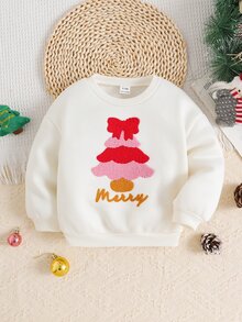 SHEIN 嬰兒紅色聖誕樹與字母刺繡毛巾圖案白色圓領長袖套頭運動衫 - 米色 - 查看 3
